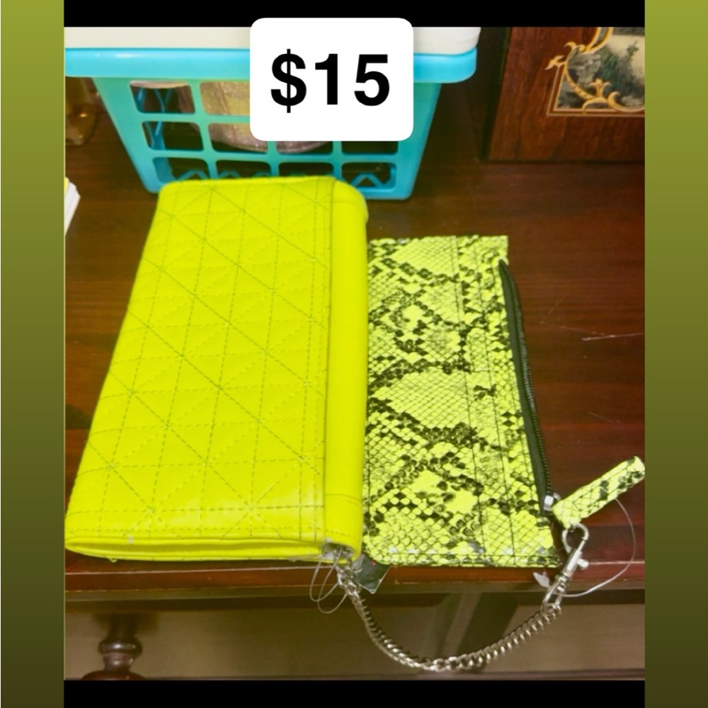 Neon Yellow Wallet and Snake Print Pouch